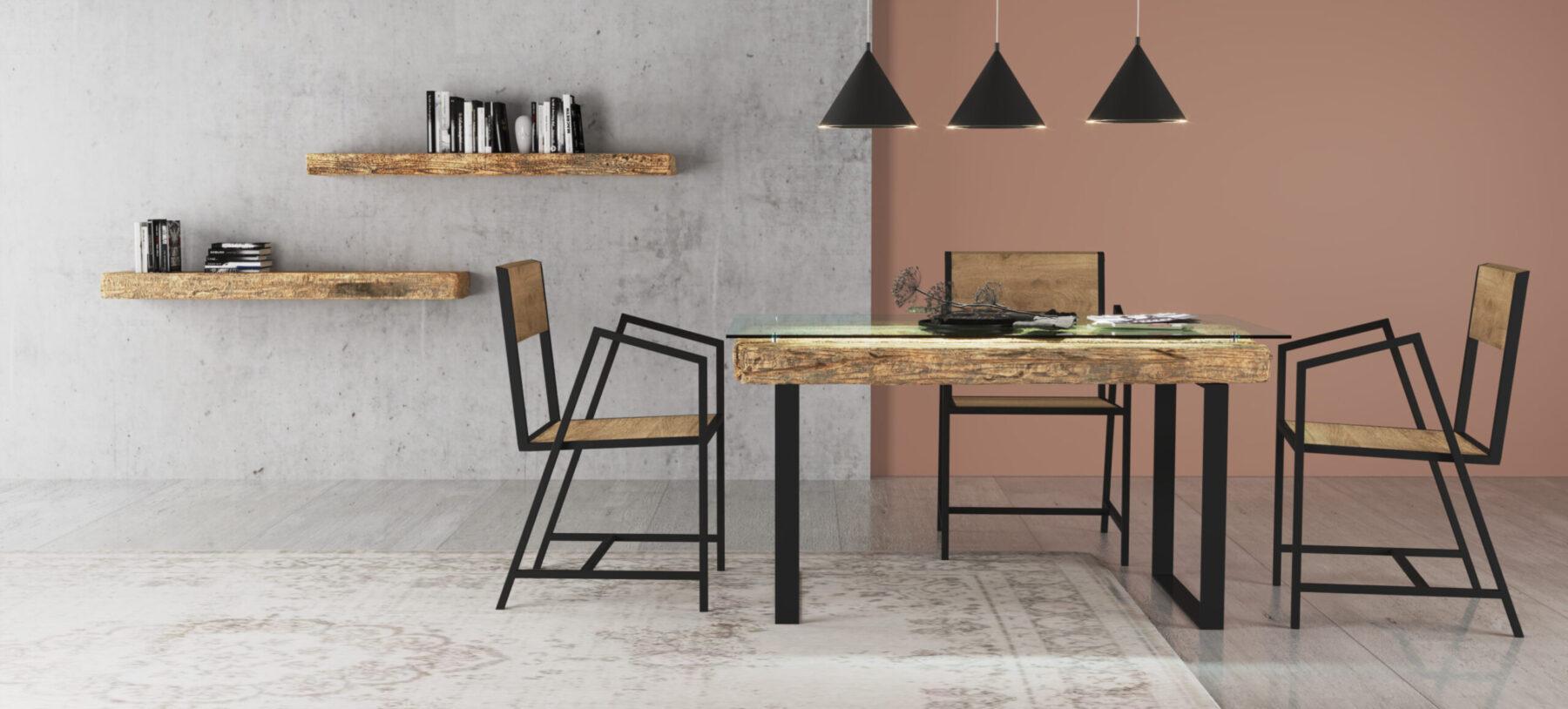 stół z drewna i metalu