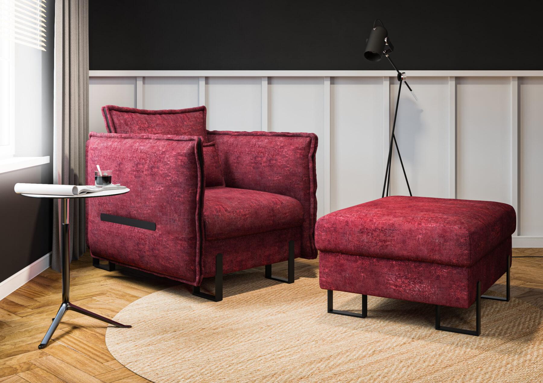 Bordowy fotel tapicerowany pufa