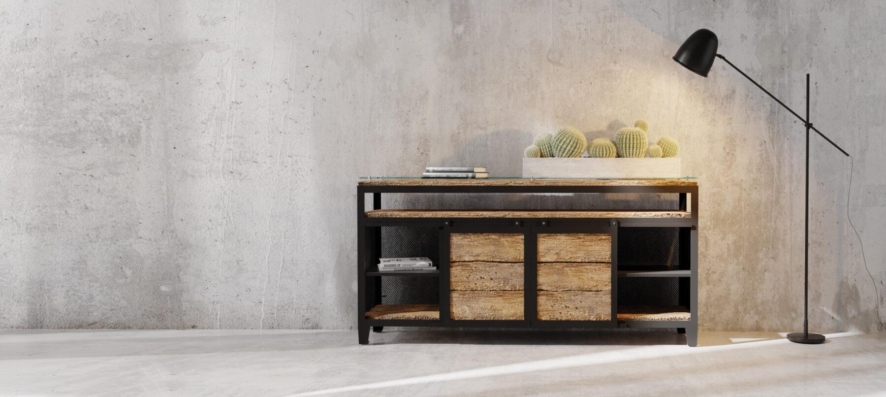 Drewniana komoda z metalu