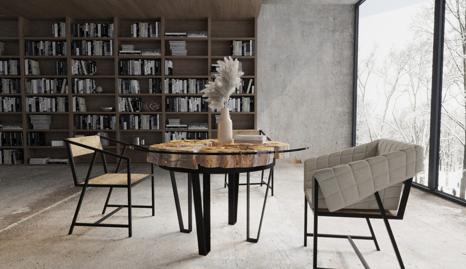 Szklany stół z drewna i metalu